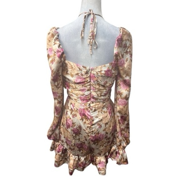 Lilly's Kloset Tan Floral Print Silk V Neck Long Sleeve Shorts Romper / Size: L - Picture 2 of 6